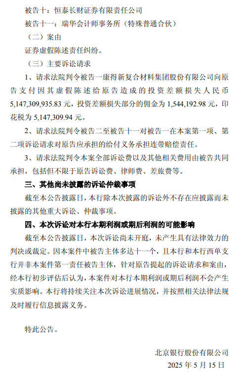 北京银行：涉证券虚假陈述责任纠纷被请求承担51.47亿元连带赔偿责任 第2张