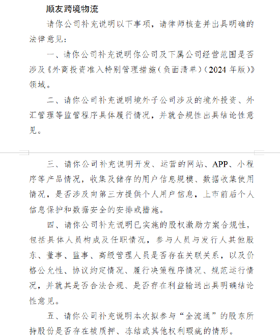 顺友跨境物流收证监会境外上市备案反馈意见：需说明经营范围数据安全合规性 是否向第三方提供个人用户信息 第1张